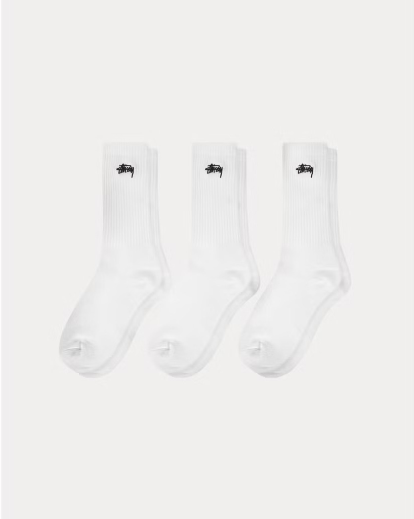 Stussy Stock Crew Pack 電繡Logo長襪 (白/黑)
