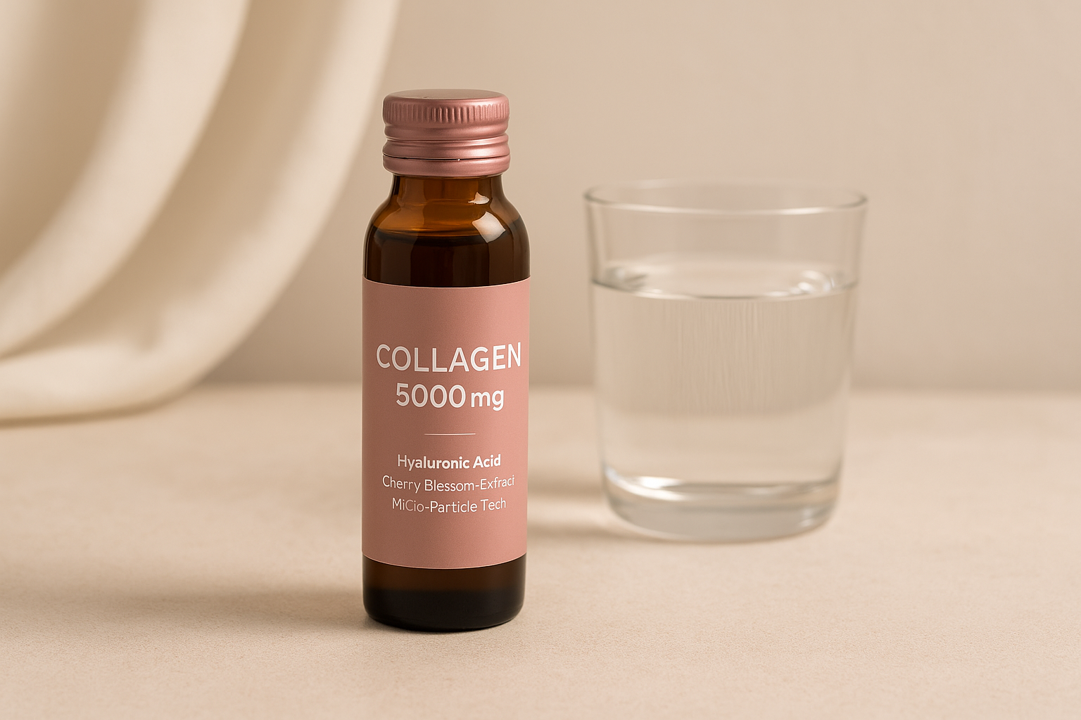 一瓶標示「COLLAGEN 5000mg」的玻璃膠原蛋白飲與透明玻璃水杯擺放在柔和背景上，呈現「膠原蛋白什麼時候吃」的早晨關鍵時刻，象徵每日補充膠原、維持肌膚水潤與健康光澤。
