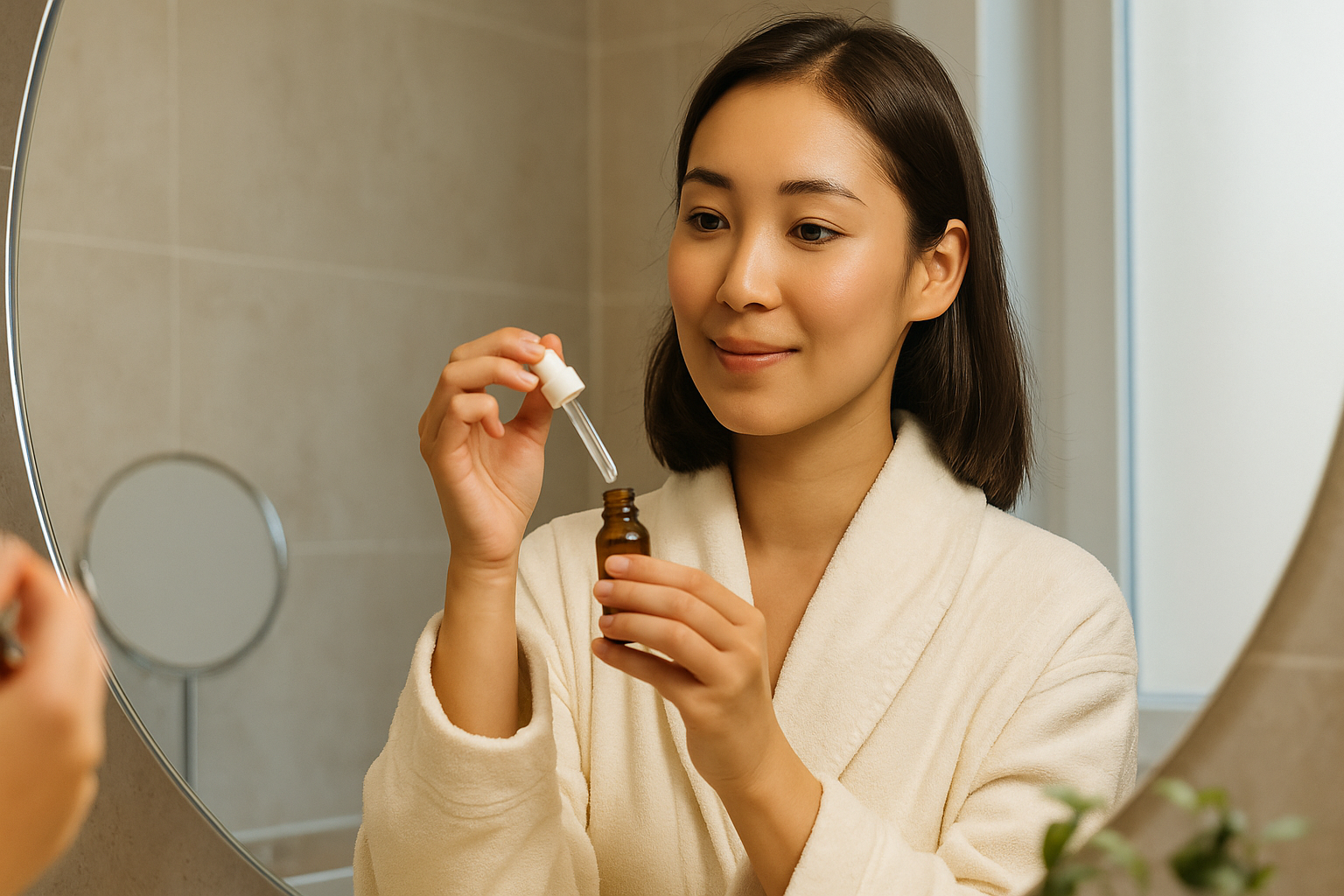 年輕女性在明亮浴室鏡前使用保養精華液，臉上帶著柔和微笑，展現每日保養與膠原蛋白飲結合的肌膚養護日常。