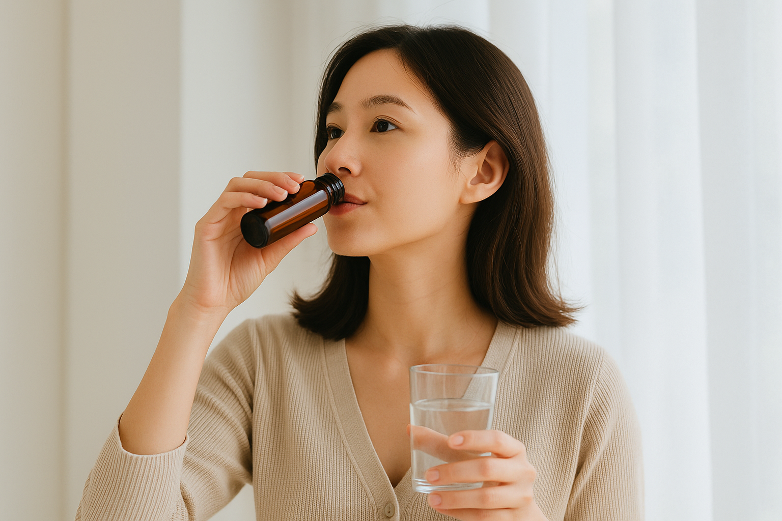 女性手持玻璃水杯與膠原蛋白飲，呈現「膠原蛋白什麼時候吃」中最關鍵的睡前時刻，象徵補充膠原與維持肌膚彈潤光澤的日常保養儀式。