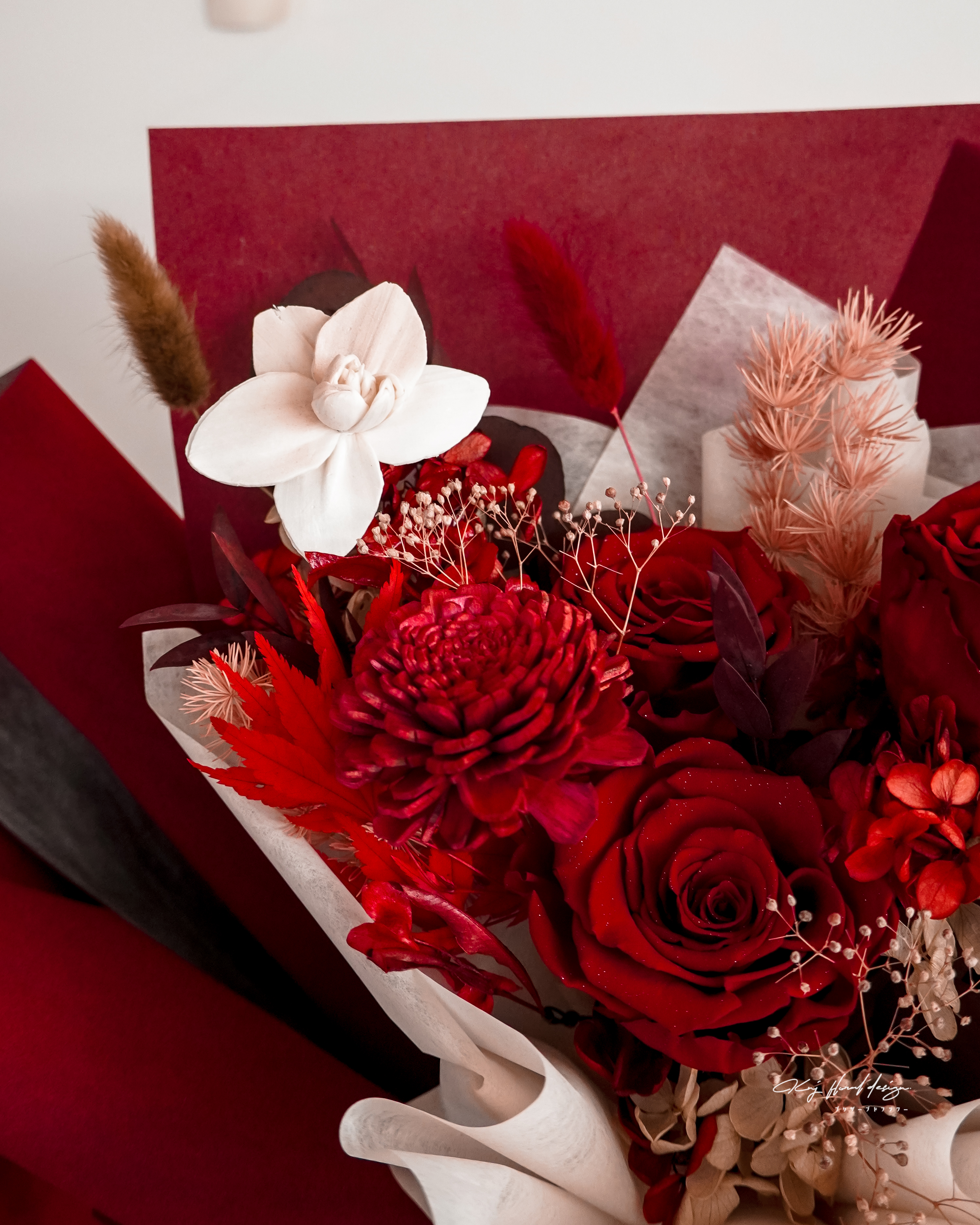 紅絲絨．三朵永生玫瑰花束