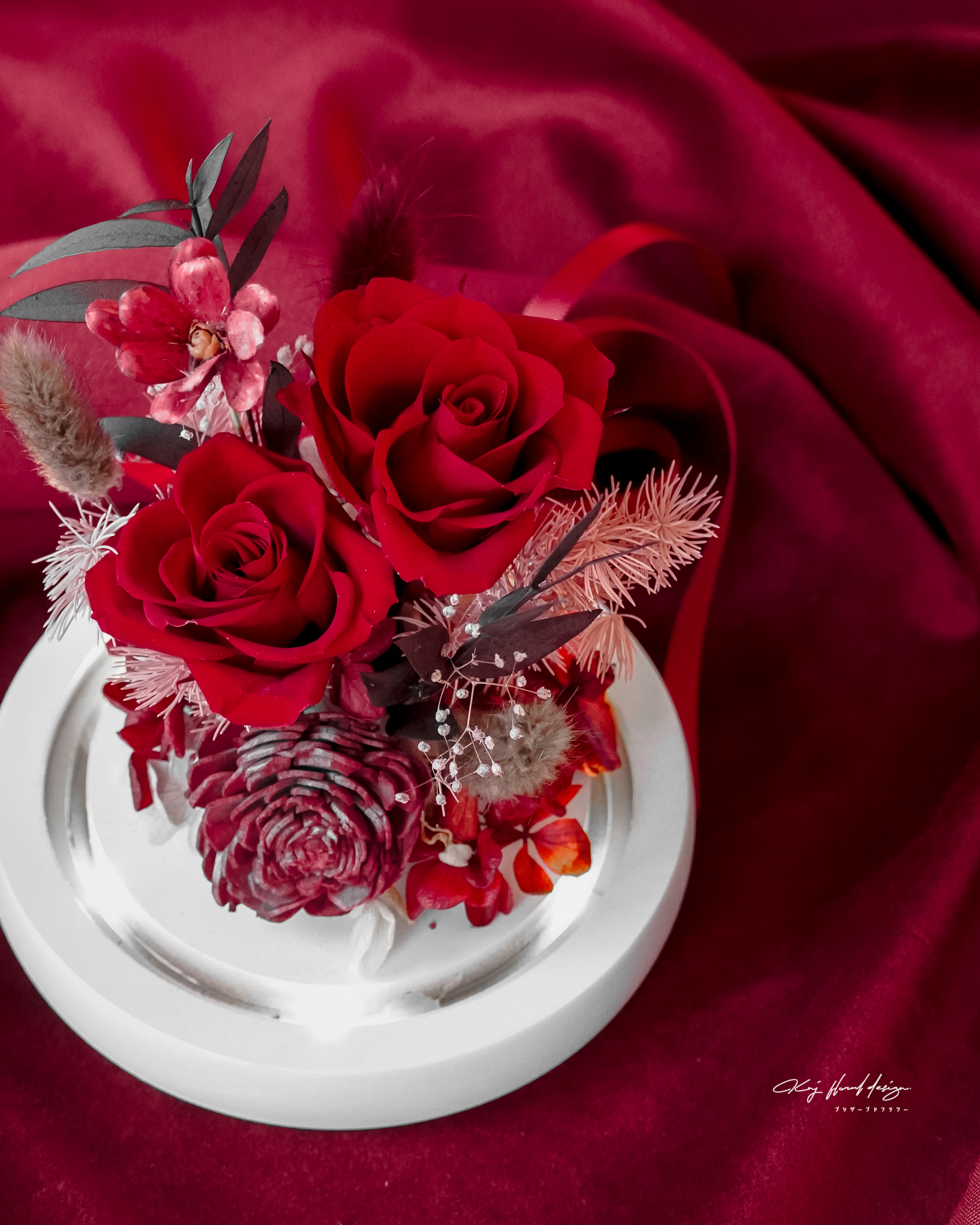 紅絲絨永生花玻璃燈盅