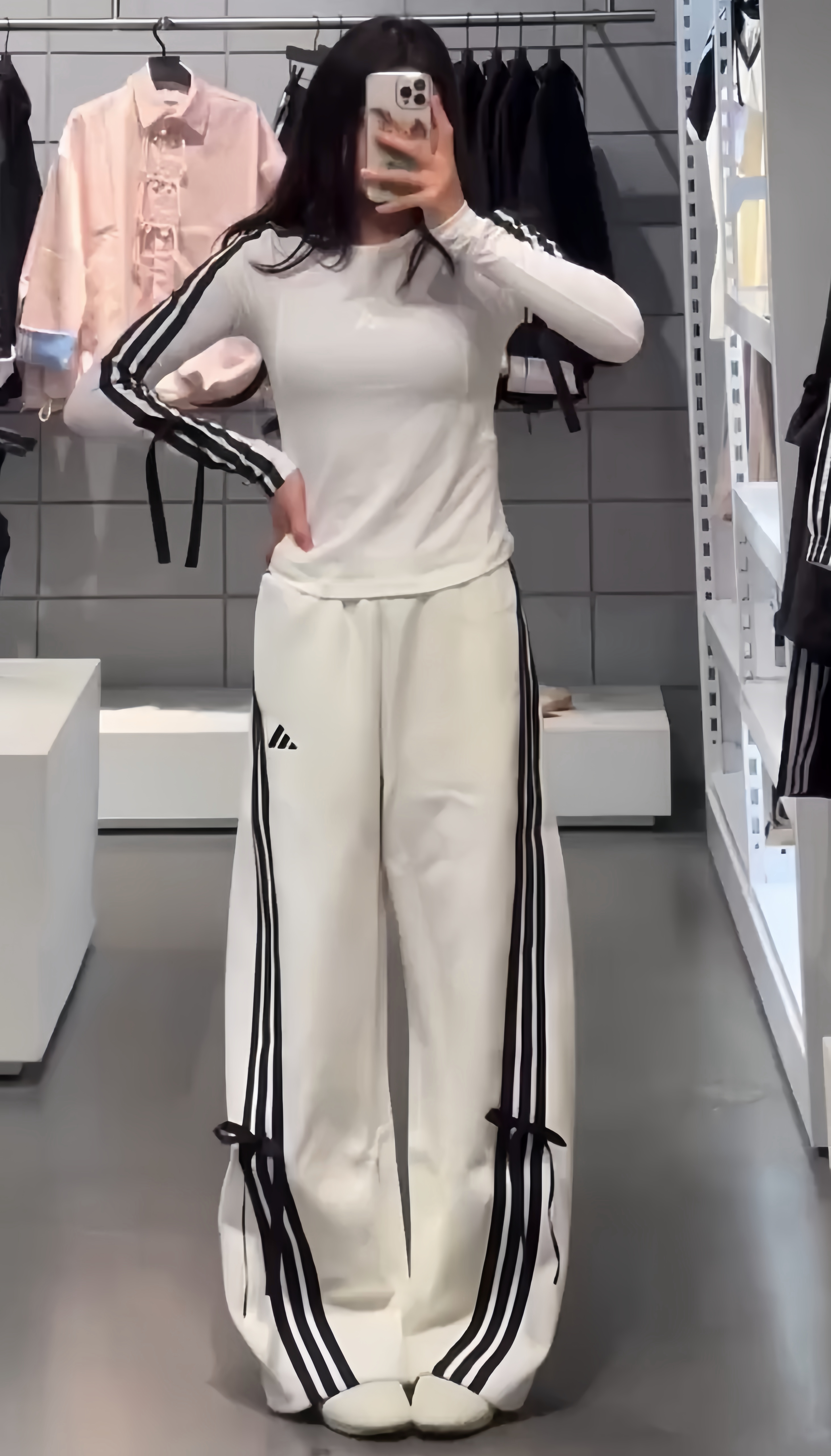 ADIDAS 蝴蝶結 條紋 闊腿褲