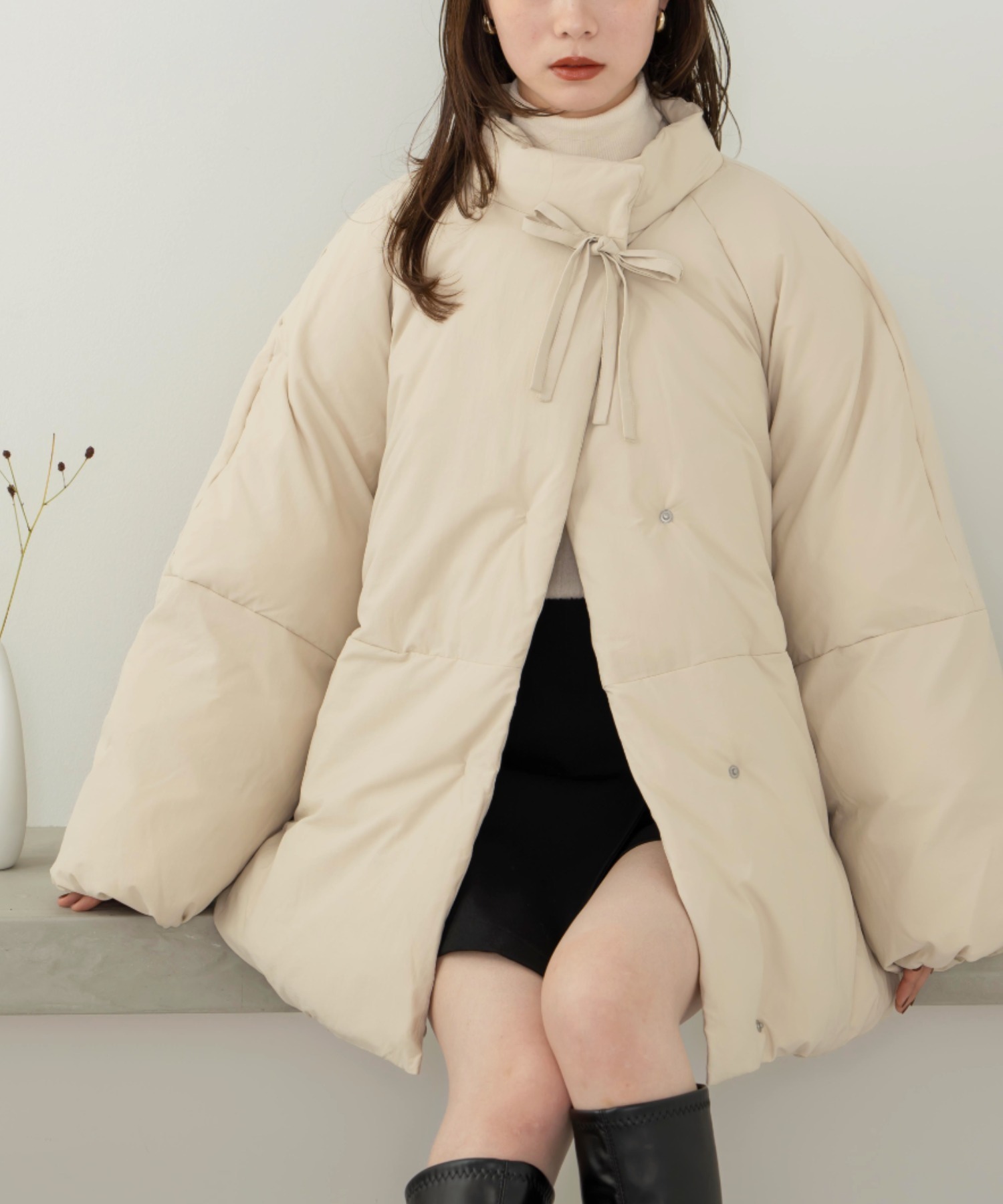 🇯🇵 hinari 綁帶 高領 鋪棉外套 絎縫 蝴蝶結 保暖 中長版 / 預購