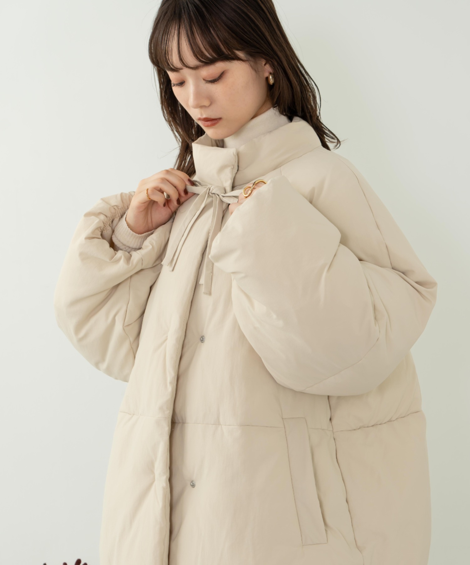 🇯🇵 hinari 綁帶 高領 鋪棉外套 絎縫 蝴蝶結 保暖 中長版 / 預購