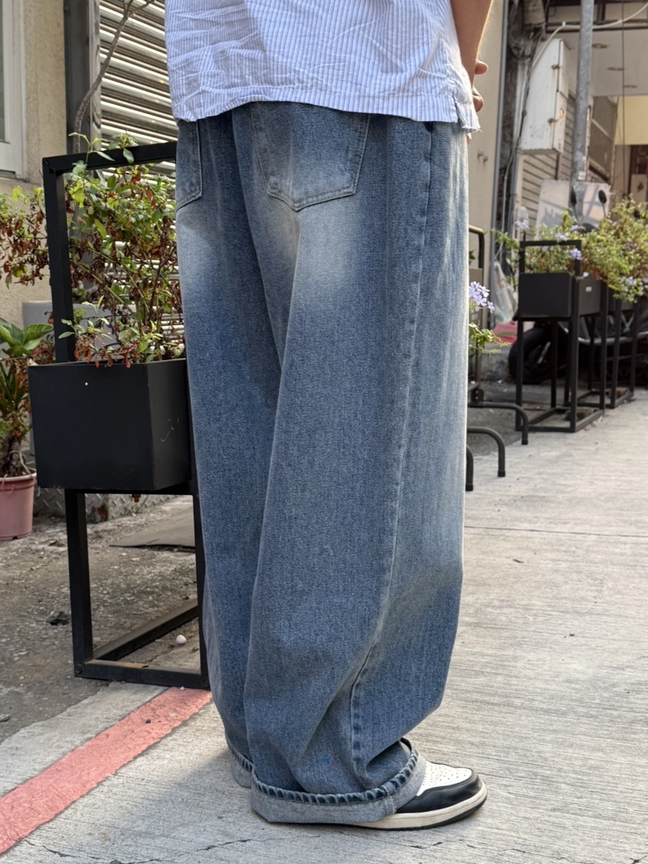 大片刷色牛仔闊腿褲