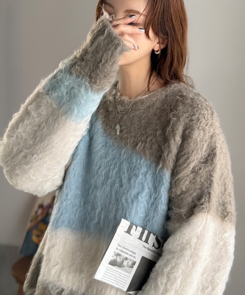 日本🇯🇵連線 Classical Elf 蓬鬆色塊拼接波浪紋針織衫 針織衫 拉絨材質 套頭衫 復古 毛衣 長袖 3色(任買兩件711免運)/預購