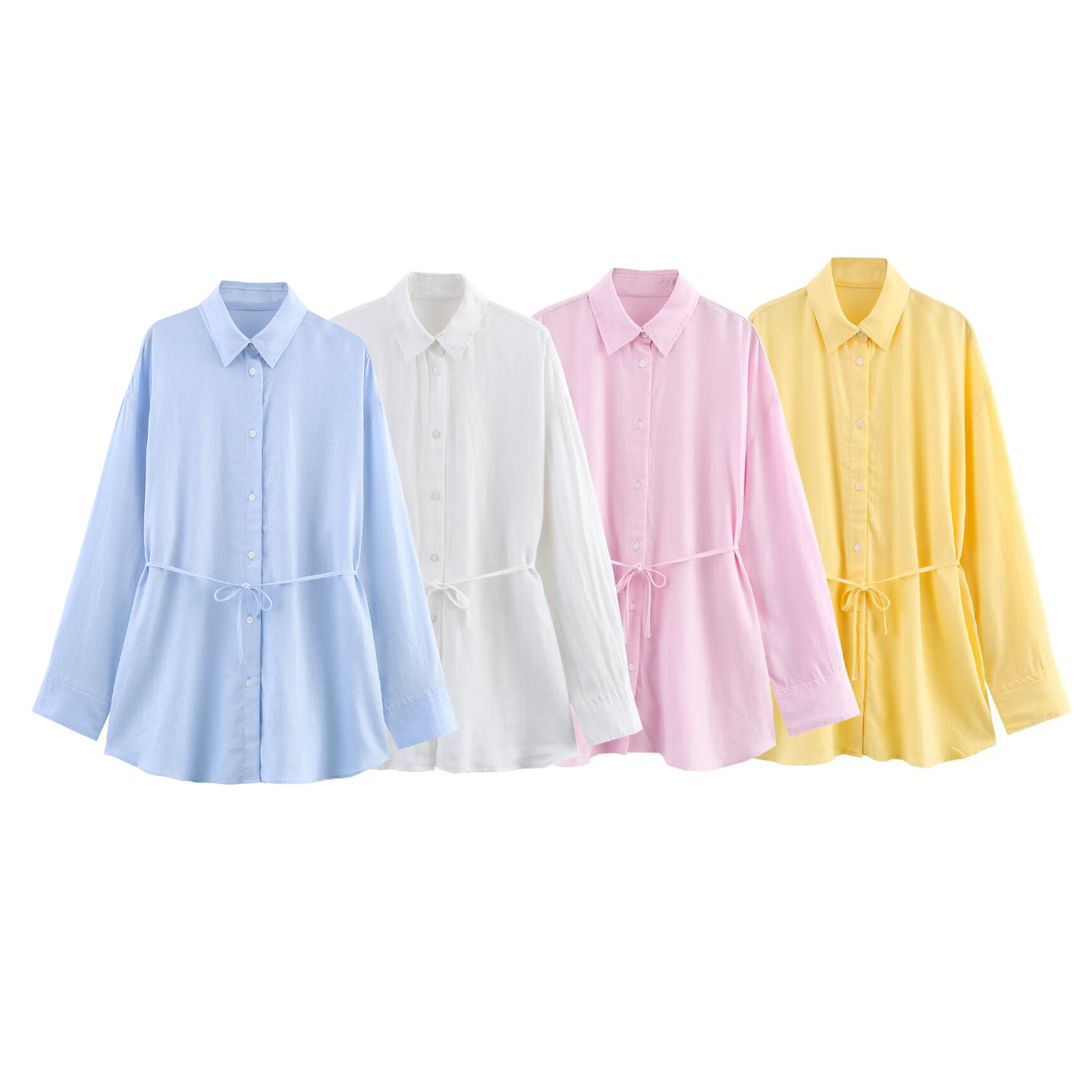 抽繩收腰 棉麻款版襯衫(白/藍/粉/黃)