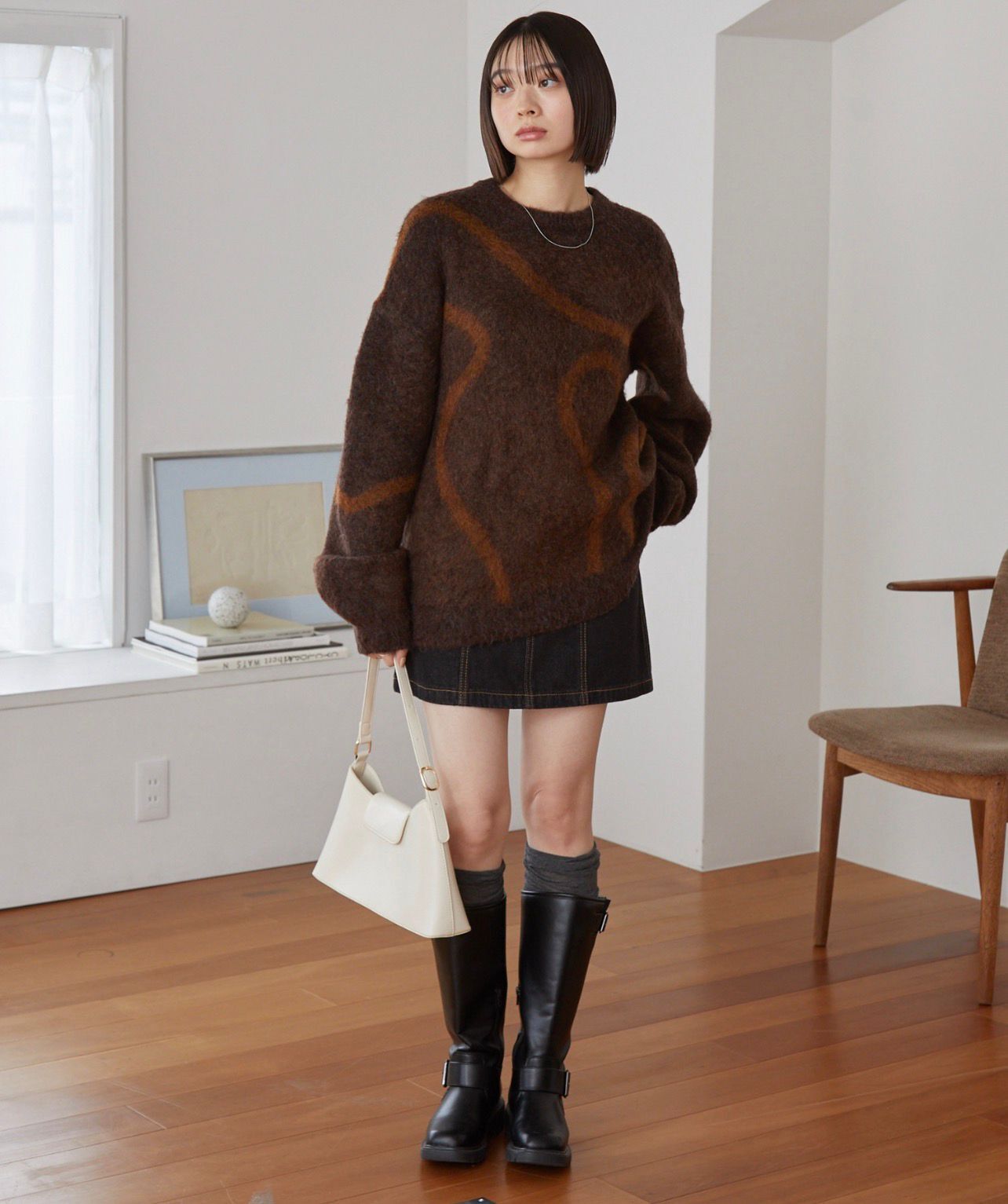 【預購】JN110804 MONO-MART 馬海毛觸感刺繡超大圓領針織衫