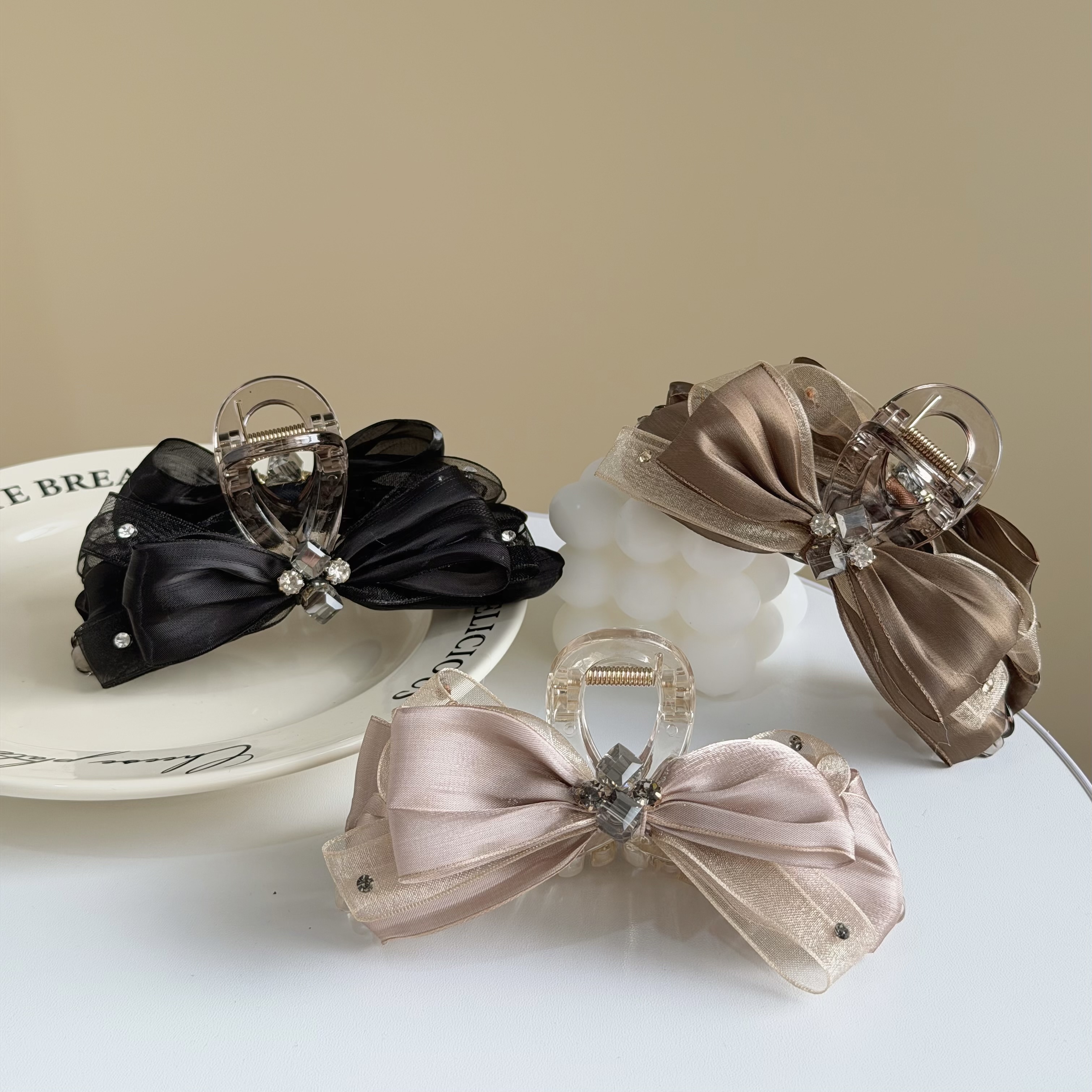 Z300方塊水鑽網紗蝴蝶結鯊魚夾