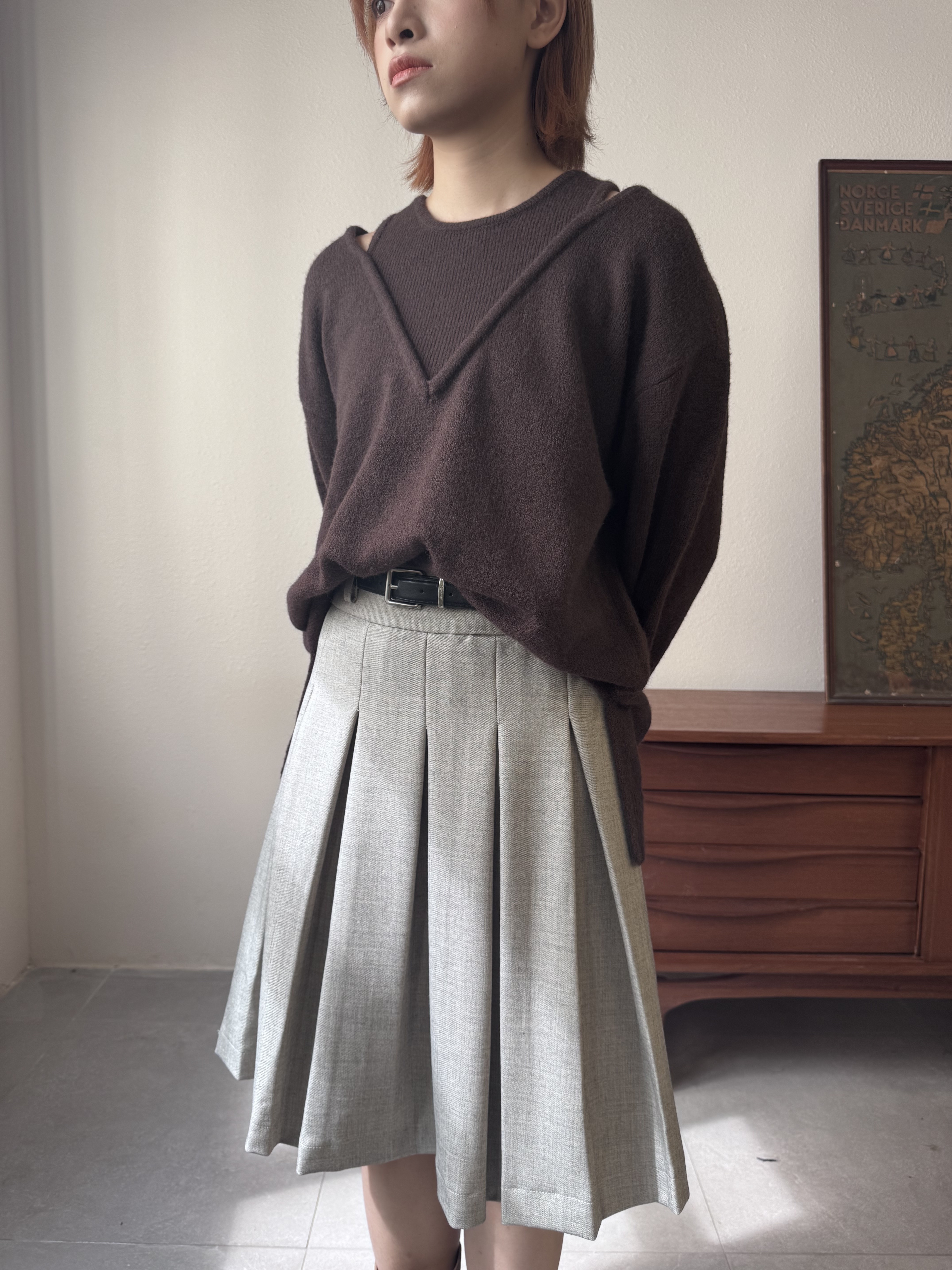 MIU系百褶連腰帶膝蓋裙  - SK53800