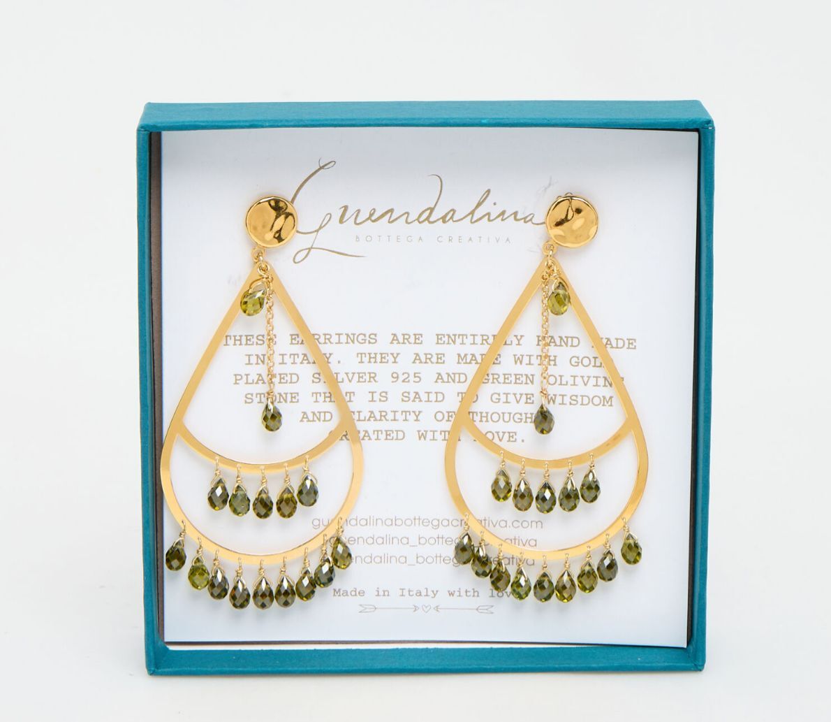英國代購 (獨立訂單)-GUENDALINA Gold Plated Green Embellished Tear Drop&nbsp;Earrings made in italy