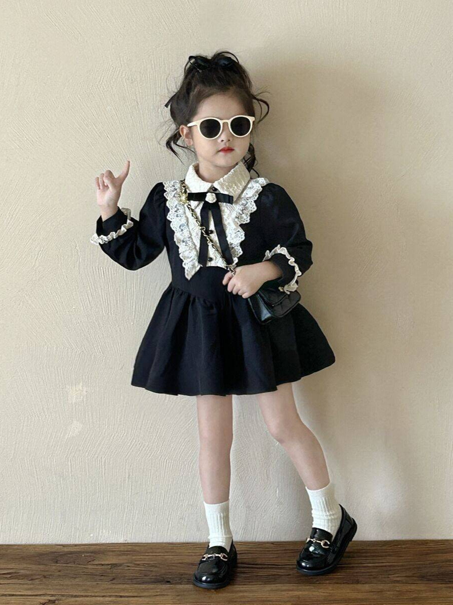 法式赫本風黑色花邊拼接茶歇裙