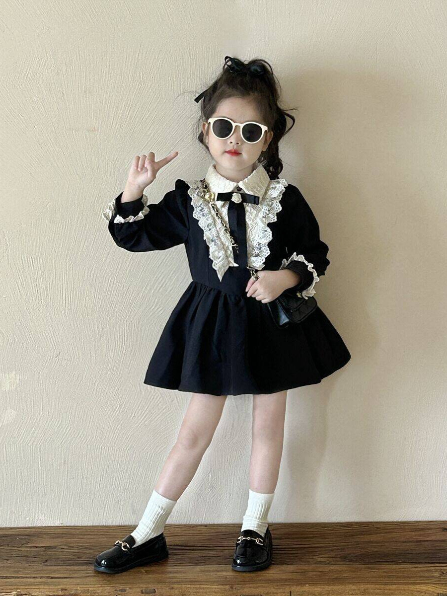 法式赫本風黑色花邊拼接茶歇裙