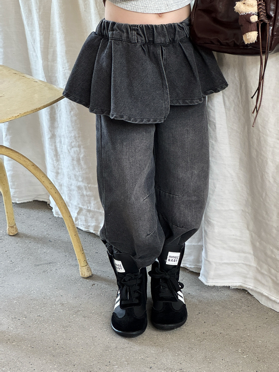 黑灰色荷葉邊牛仔長褲