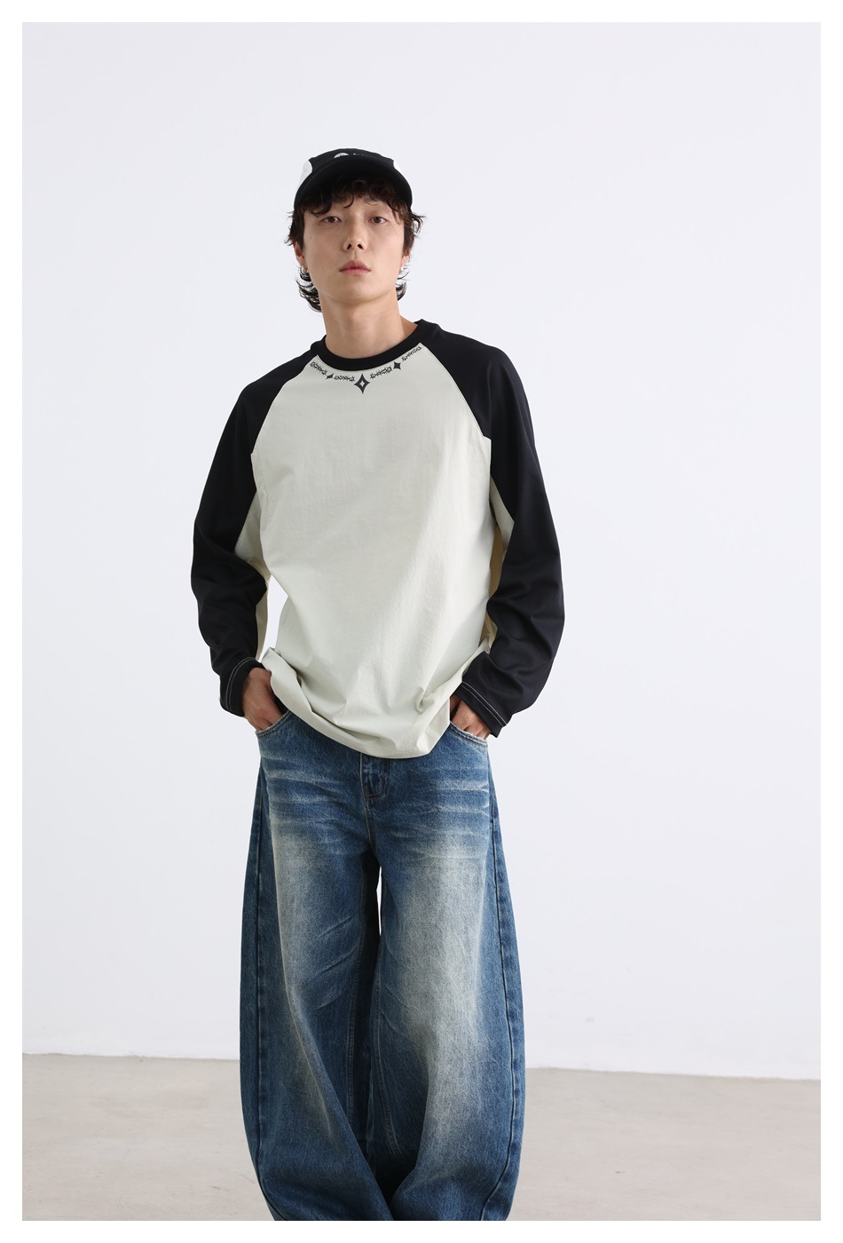 11M19 幾何印花撞色拼接落肩上衣 三色