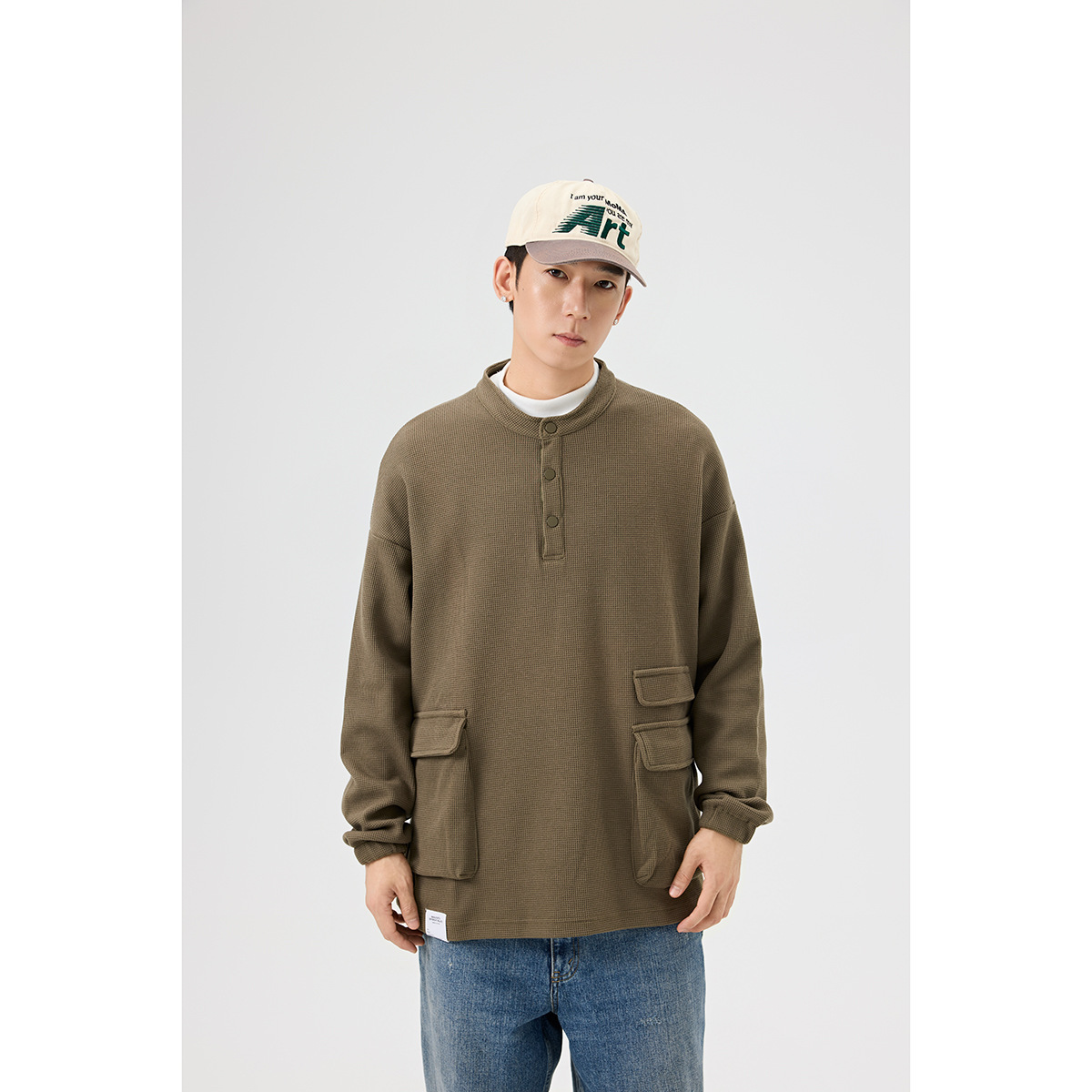 11M09  立體大口袋華夫格造型上衣 兩色