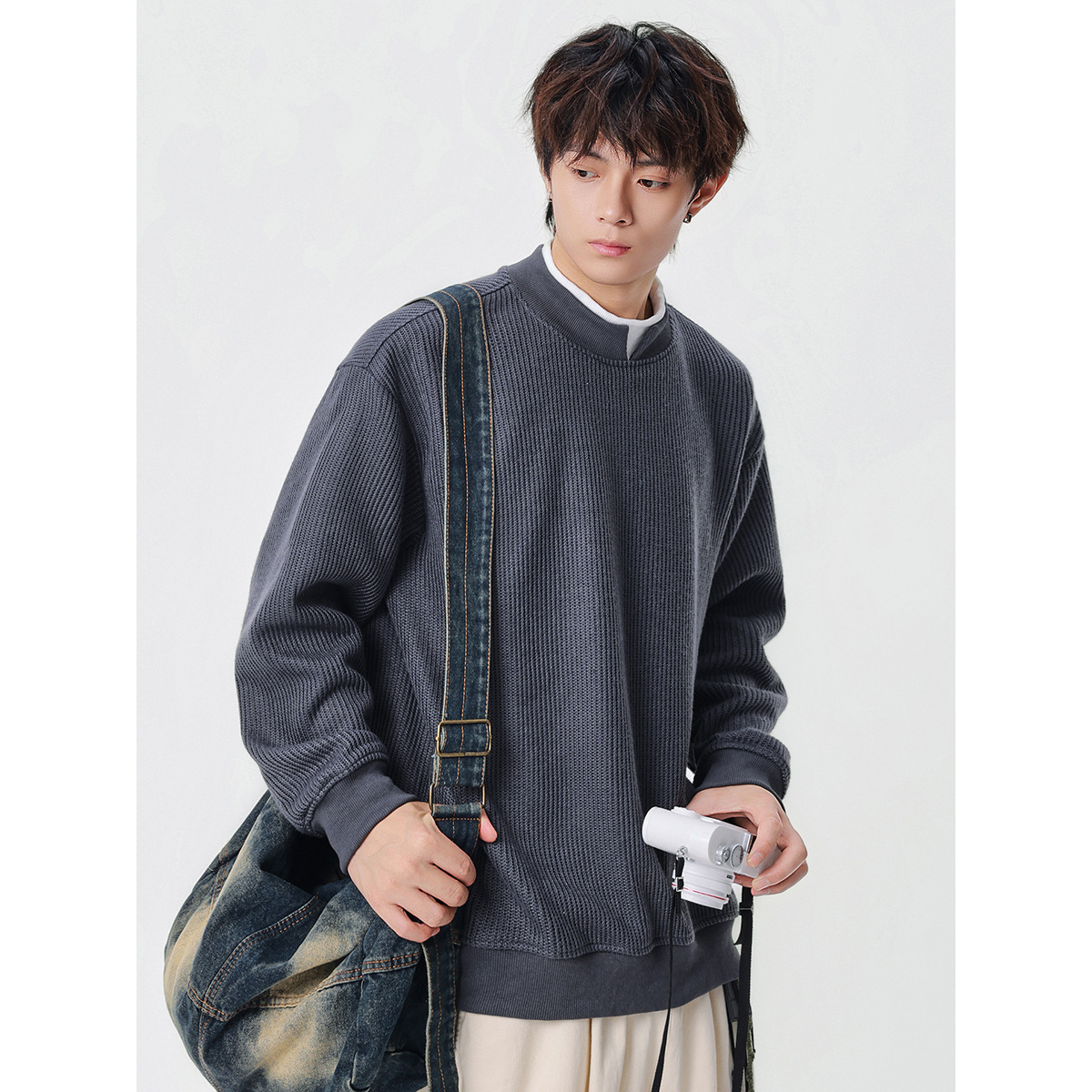 11M04 層次感編織撞色假兩件上衣 兩色