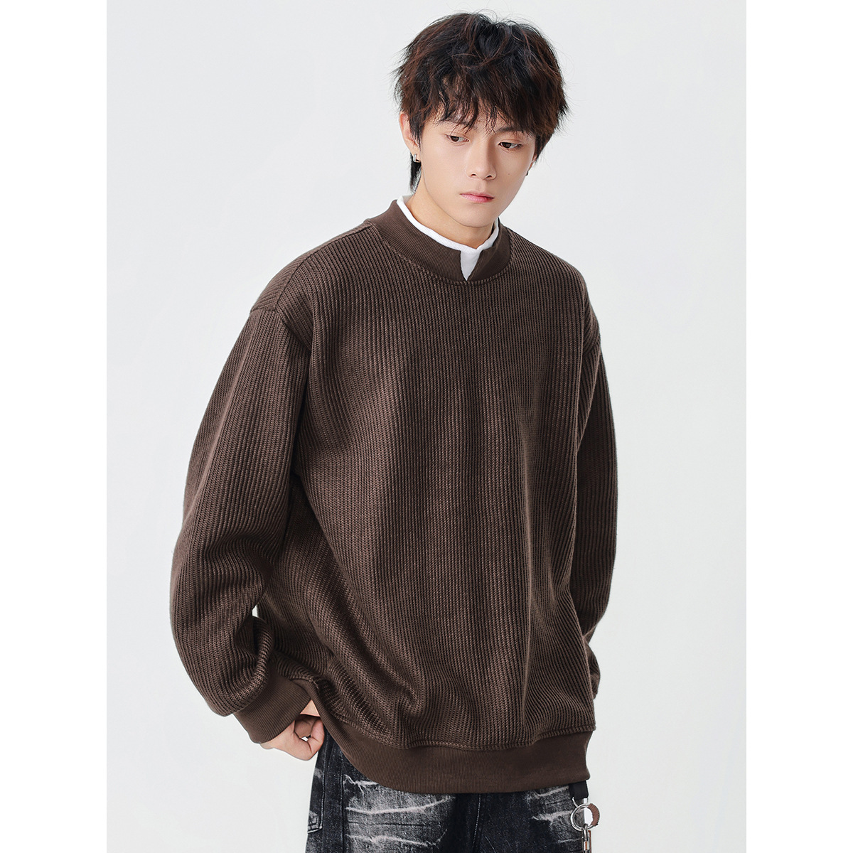 11M04 層次感編織撞色假兩件上衣 兩色