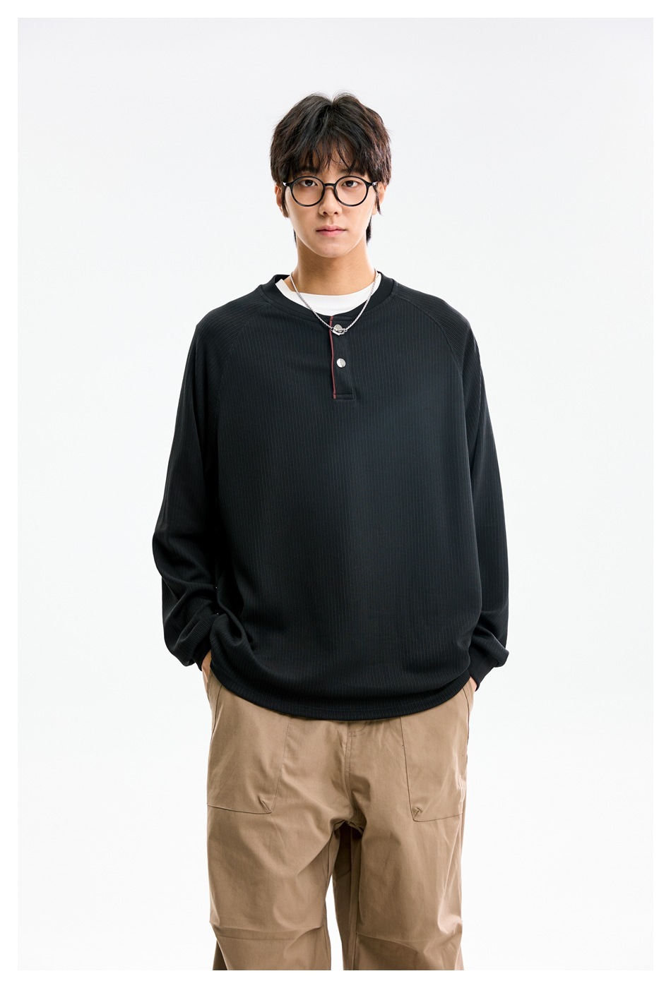 11M35 美式亨利領開釦撞色上衣 兩色