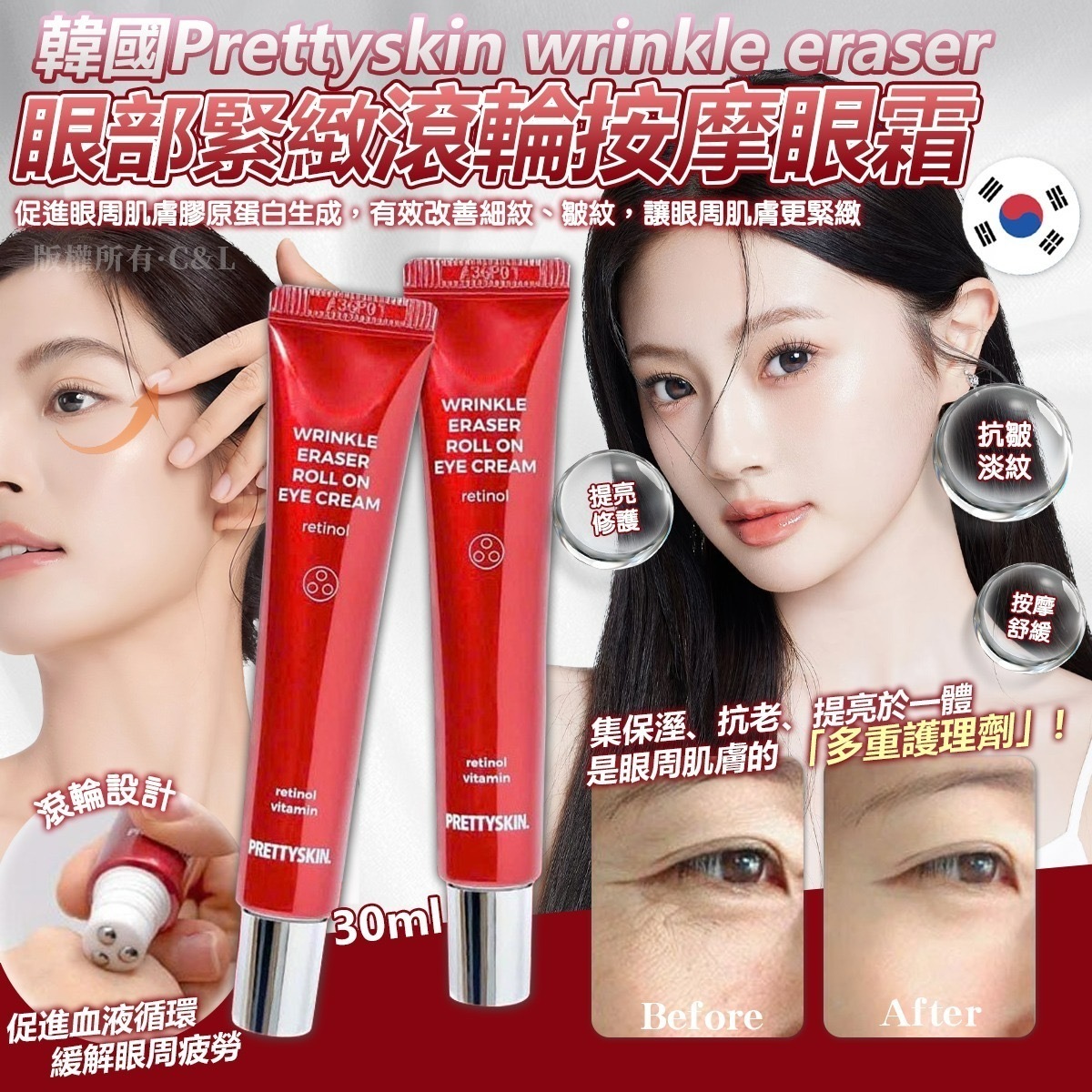 韓國Prettyskin wrinkle eraser眼部緊緻滾輪按摩眼霜30ml