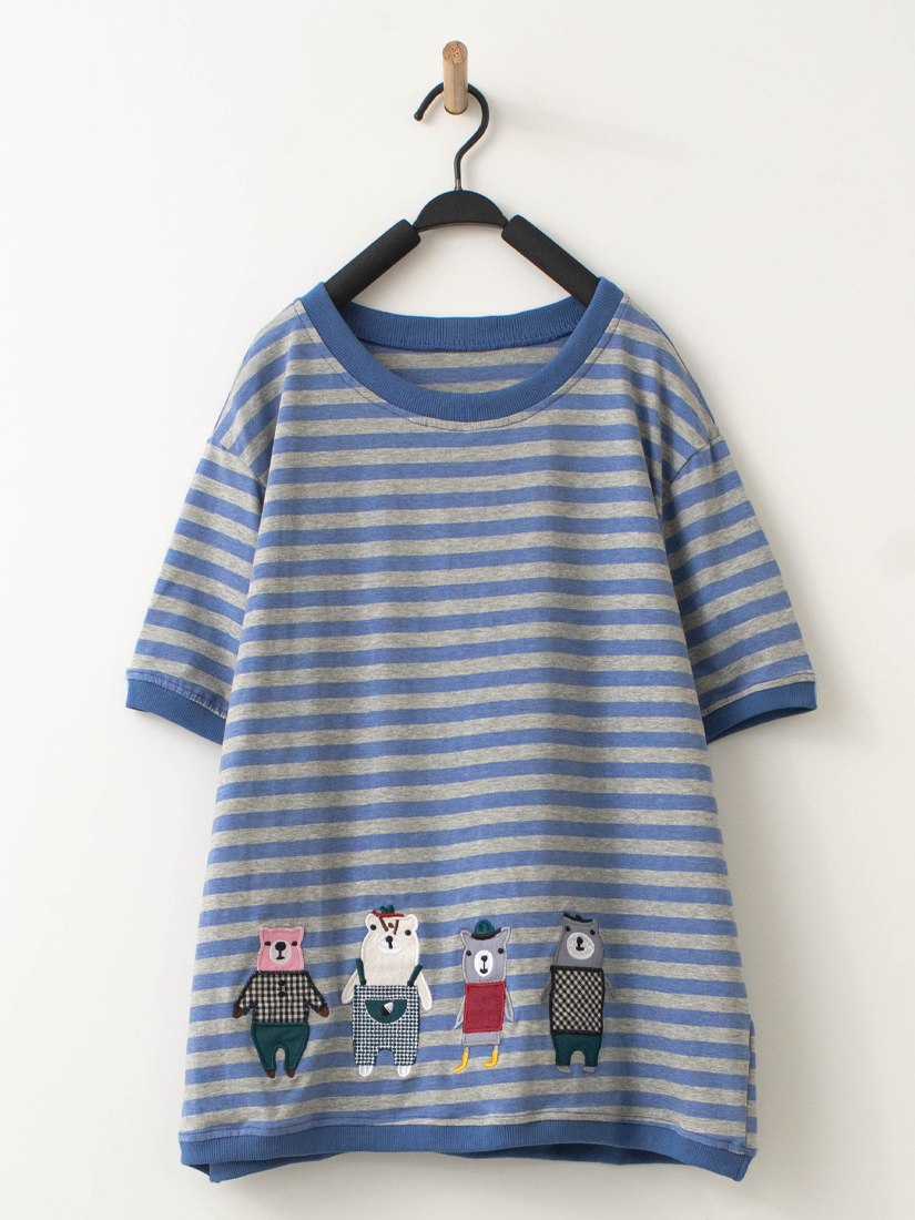 動物貼布彩棉條紋短袖上衣