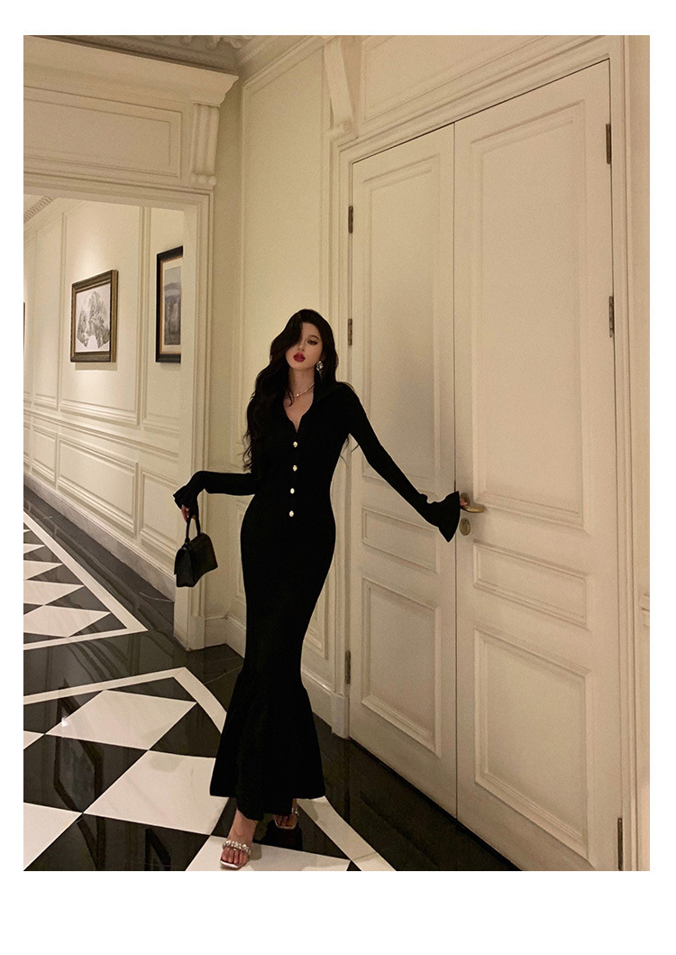 翻領魚尾 針織長袖洋裝