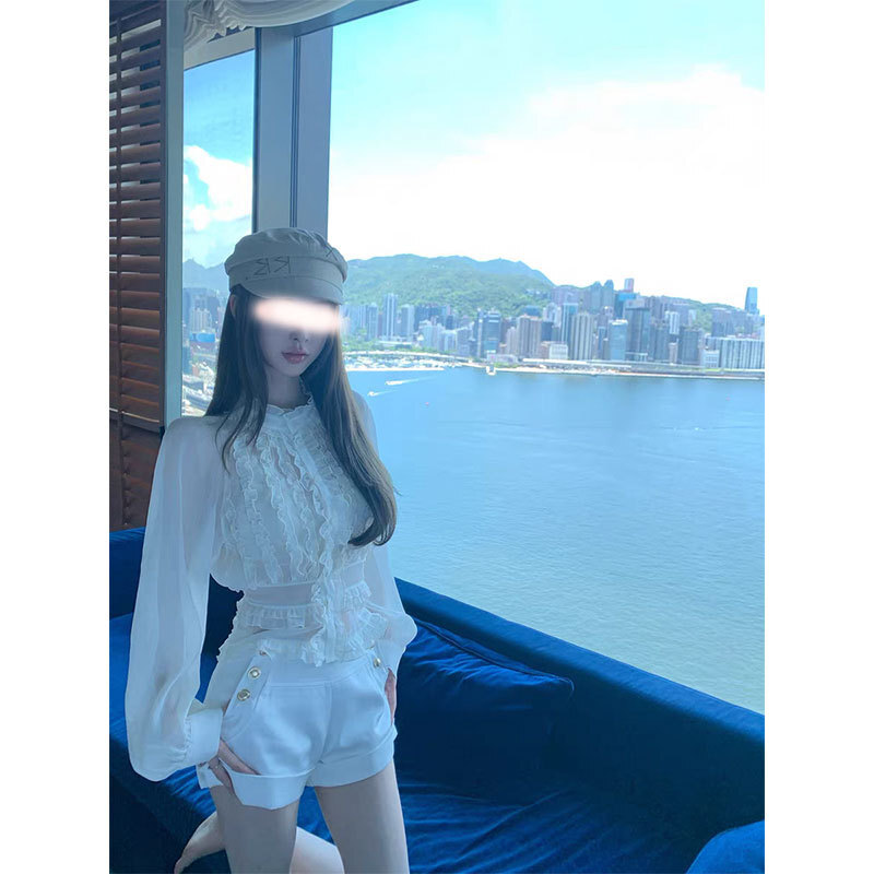 雪紡木耳邊 宮廷襯衫+高短褲 (2件組)