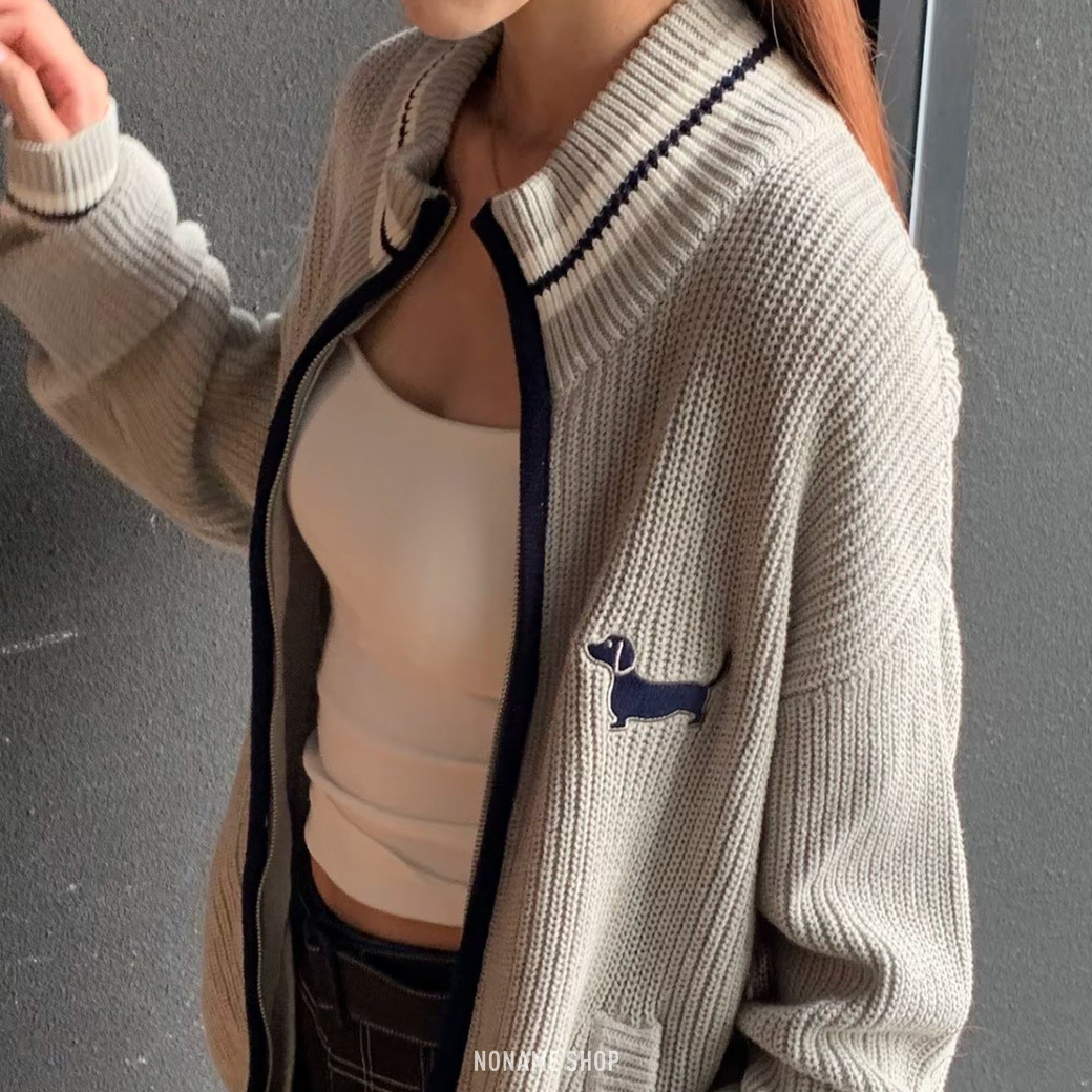 PCLP 撞色 刺繡 空心 小狗 美式 落肩 針織 開衫 外套 三色 (男/女同款)