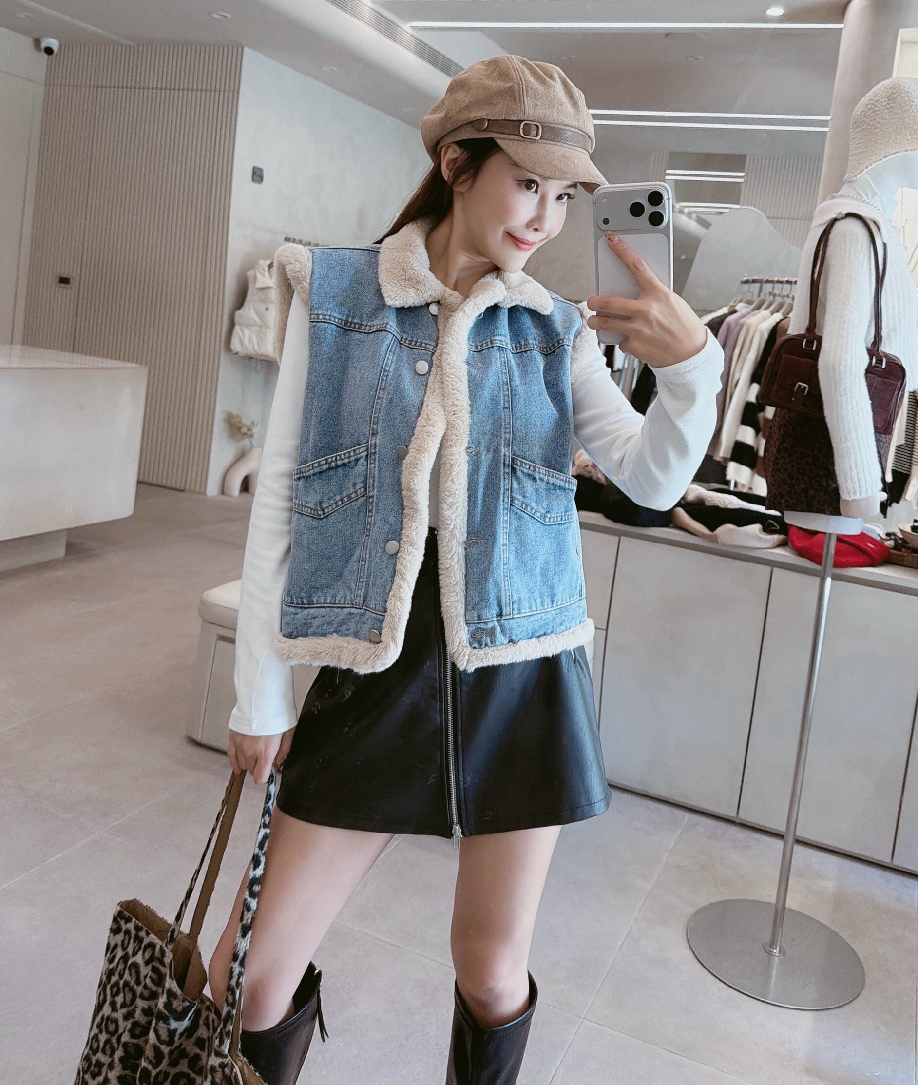 雙面穿斜口袋牛仔毛毛背心