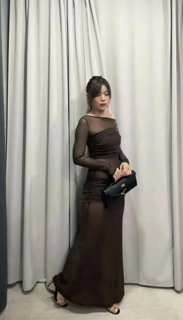 細閃透膚長袖洋裝