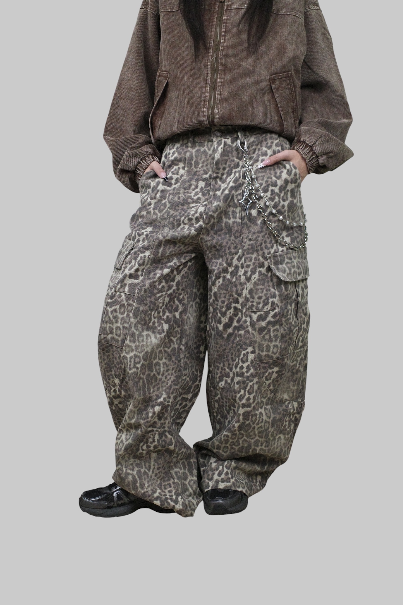 『Always_Good』豹紋 落地 大口袋 彎刀 長褲