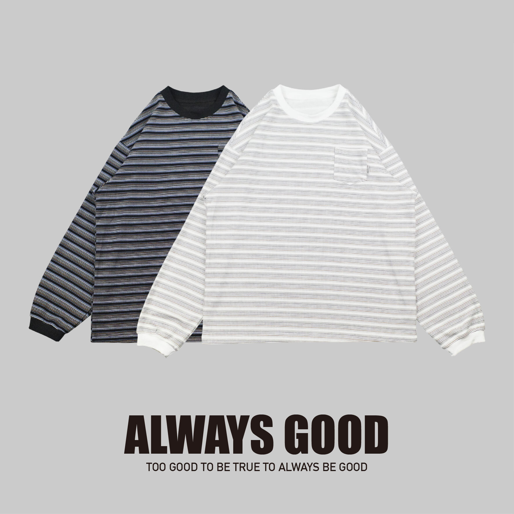 『Always_Good』日系 橫條紋 口袋 薄長TEE