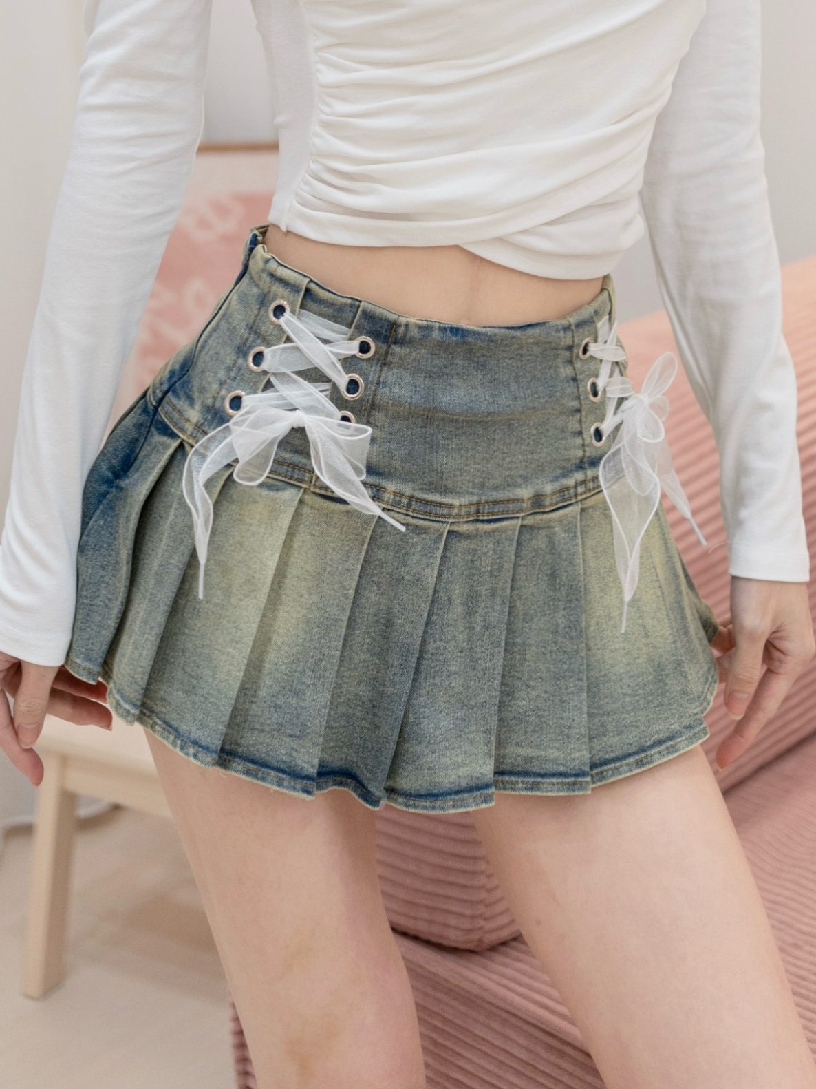 獨家🤍歐根紗綁帶牛仔百褶裙（淺藍色S/M）