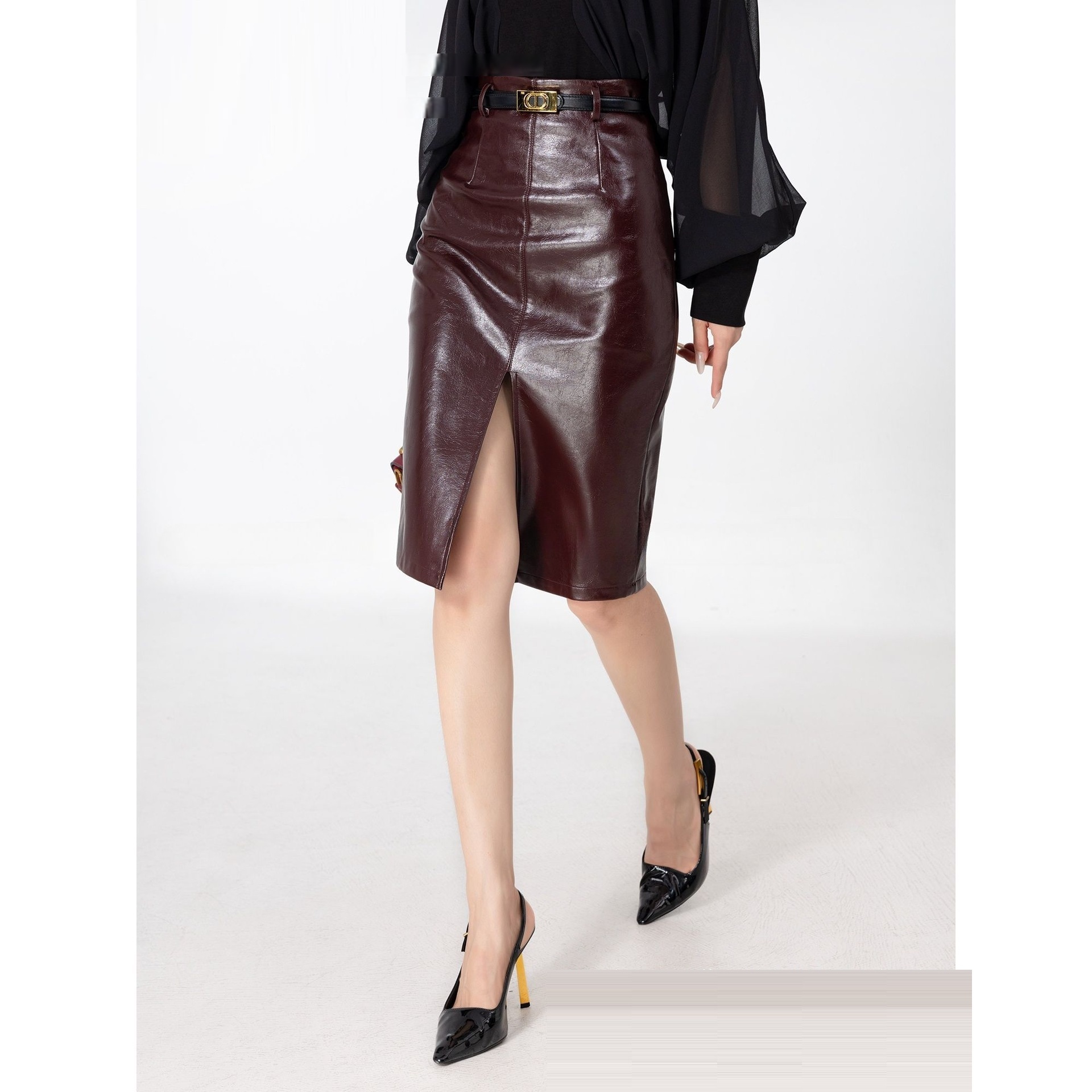 YSL御姊系 高腰開衩皮裙(酒紅/黑)