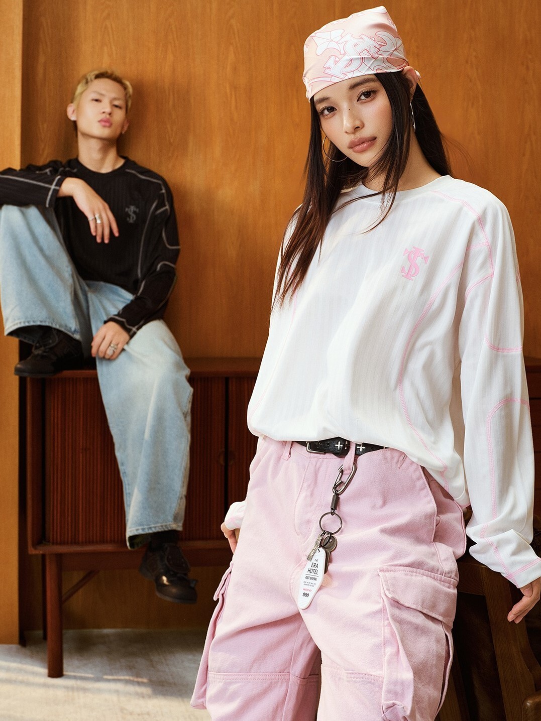 STK SmallTownKid 明線 暗紋分割 運動寬鬆 長袖T