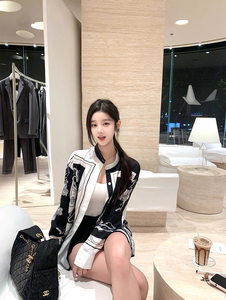 H牌印花 綢緞立領襯衫