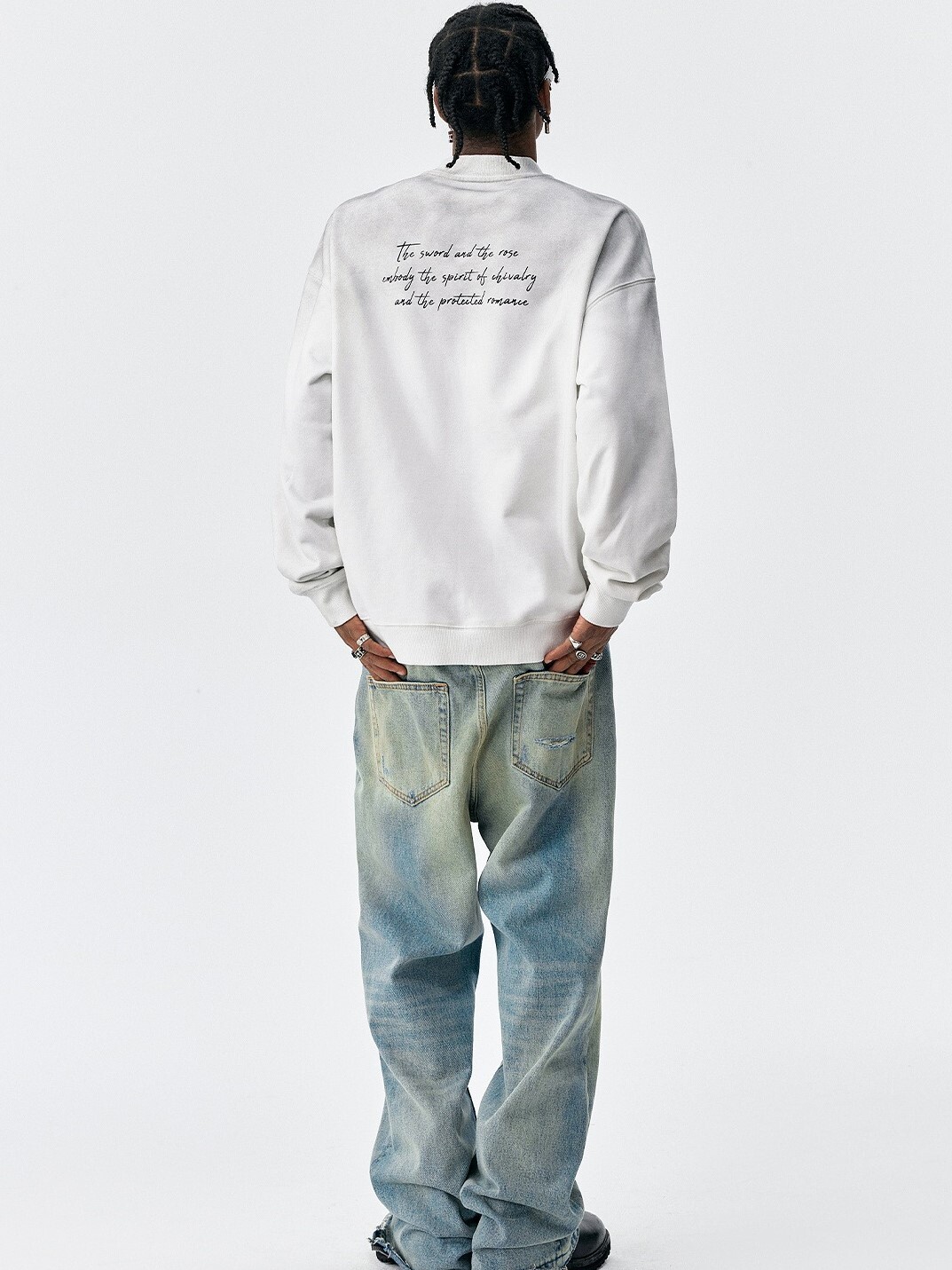 MEDM 劍與玫瑰印花 水洗復古做舊 休閒寬鬆 長袖T