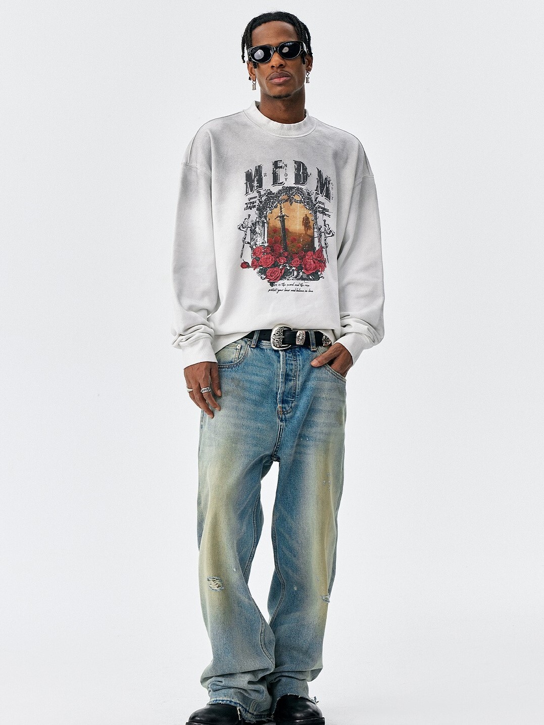 MEDM 劍與玫瑰印花 水洗復古做舊 休閒寬鬆 長袖T