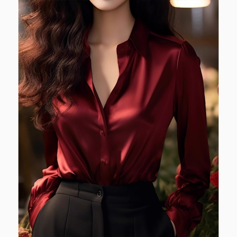 高級感酒紅真絲襯衫