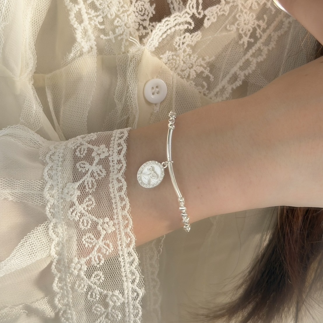 Y390 法式銀管碎銀蝴蝶結純銀手鏈