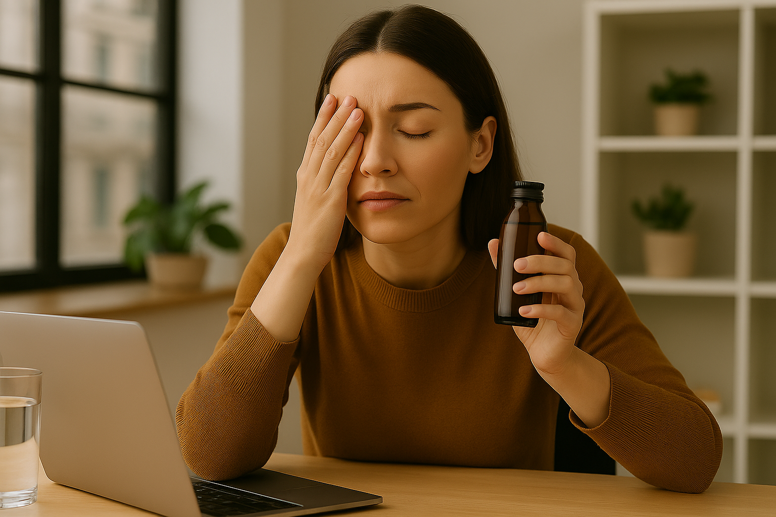 一位女性坐在辦公桌前感到疲倦，用手遮住眼睛並拿著棕色瓶裝飲品，呈現慢性疲勞與精神不振的典型疲勞症狀。