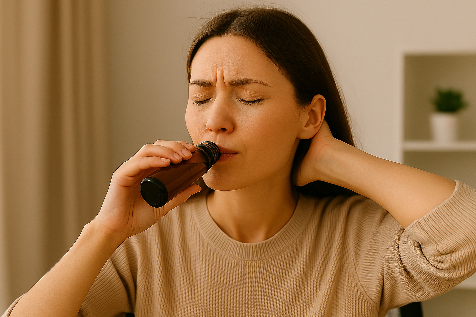 女性輕閉雙眼飲用棕色瓶裝健康飲品，象徵從慢性疲勞中恢復、補充能量與調整體力的過程。