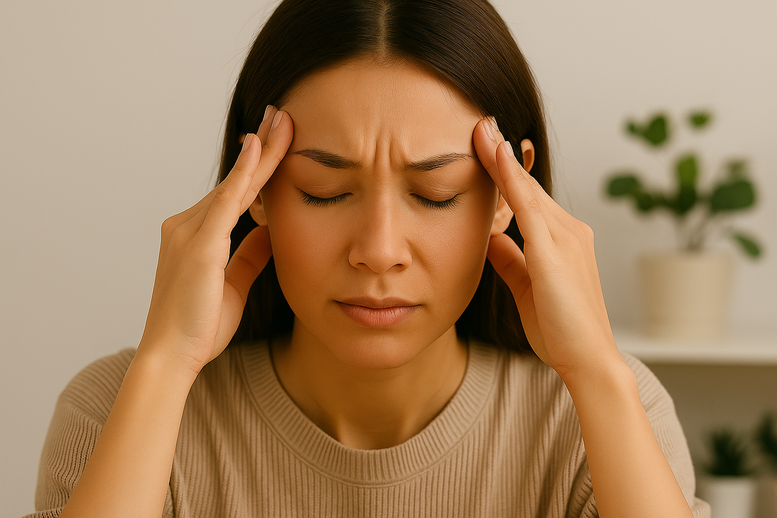女性雙手按壓太陽穴，表情緊繃，呈現慢性疲勞造成的頭痛與注意力下降等疲勞症狀警訊。