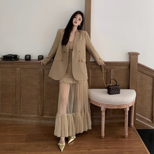 重工網紗拼接洋裝+長版西裝外套(可單買)