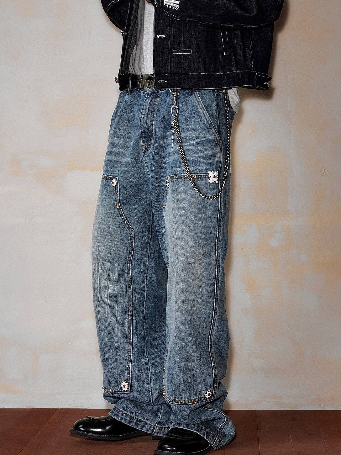 MEDM 雙膝拼接貼鑽  水洗做舊 寬鬆休閒 長褲