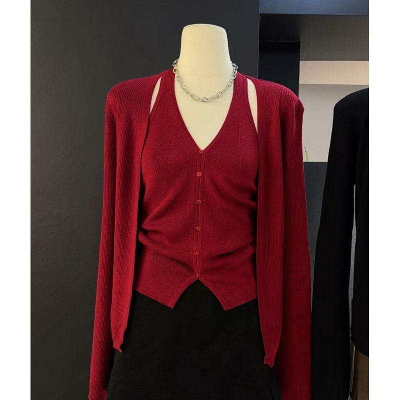 高級紅 針織背心+外套(2件組) (多色)