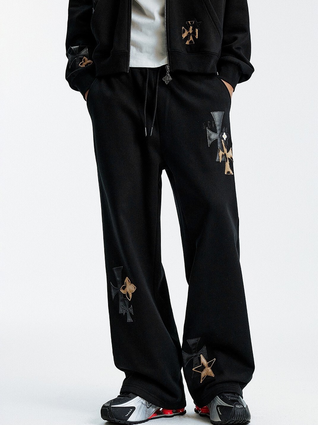 MEDM 豹紋拼皮套裝 抽繩微彈 寬鬆直筒長褲