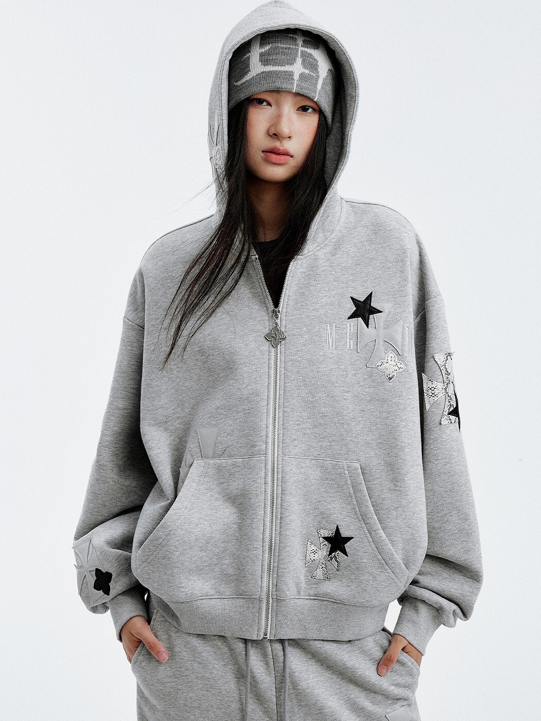 MEDM 豹紋拼皮套裝 前口袋 寬鬆休閒 連帽外套