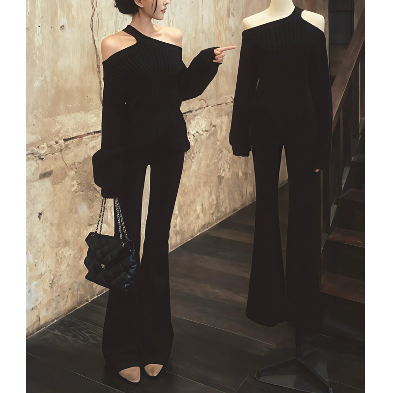 麻花毛衣 不對稱露肩長版上衣